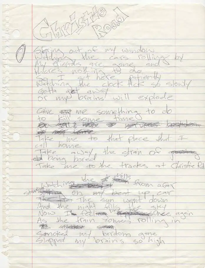 Billie Joe Armstrong handwritten lyrics for Christie Road