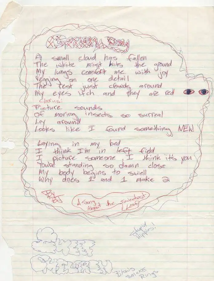 Billie Joe Armstrong handwritten lyrics for Green Day