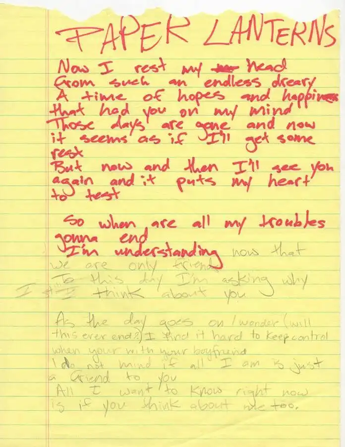 Billie Joe Armstrong handwritten lyrics for Paper Lanterns