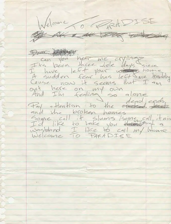 Billie Joe Armstrong handwritten lyrics for Welcome To Paradise