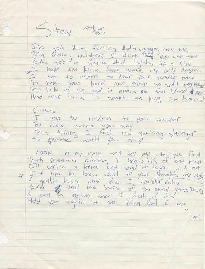 Billie Joe Armstrong handwritten lyrics for Stay